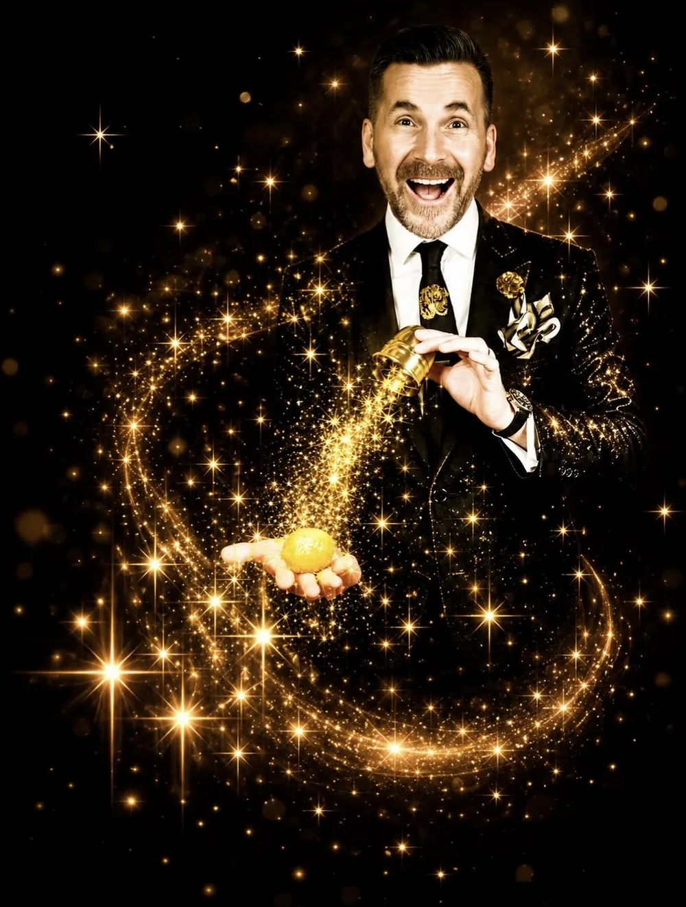 Martin Sanderson, Magic Circle magician, mind reader and wedding host, producing a shower of gold sparkles